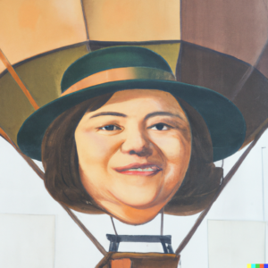 sales person on a hot air balloon, trying her best to get noticed
