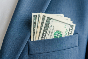 Graphic showing money in a salespersons pocket